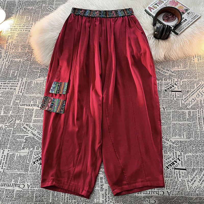 中国风藏式印花裤子男士棉麻直筒长裤新中式高级感垂感阔腿哈伦裤