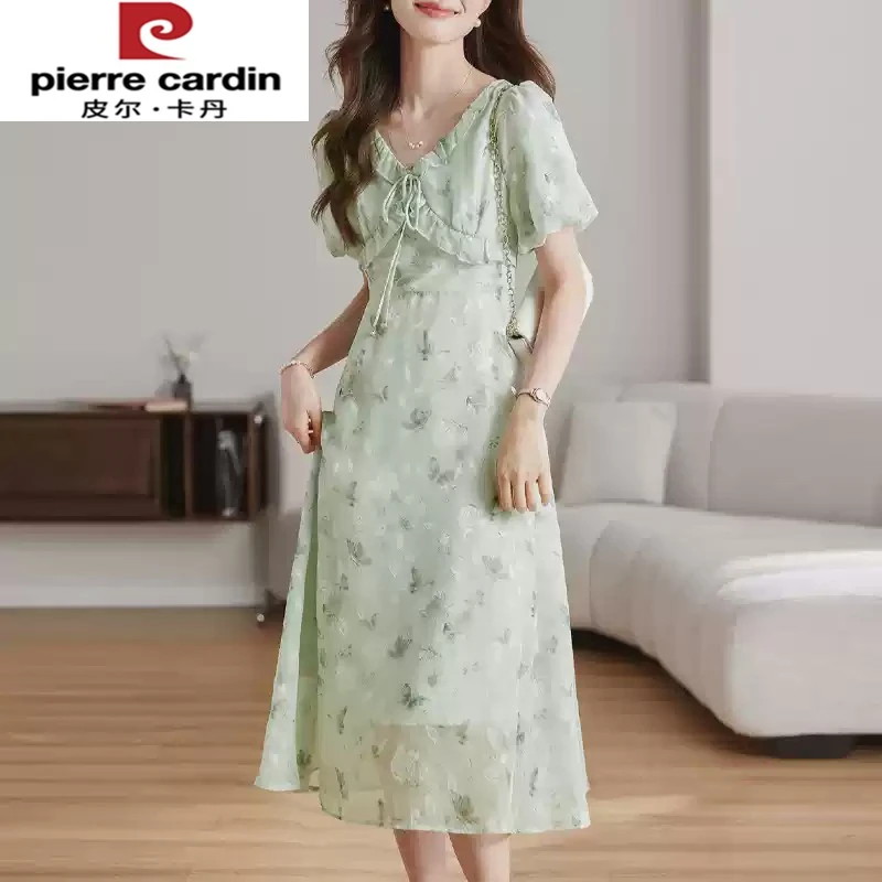 皮尔卡丹法式茶歇绿色碎花泡泡袖连衣裙女年夏季新款收腰显瘦长裙
