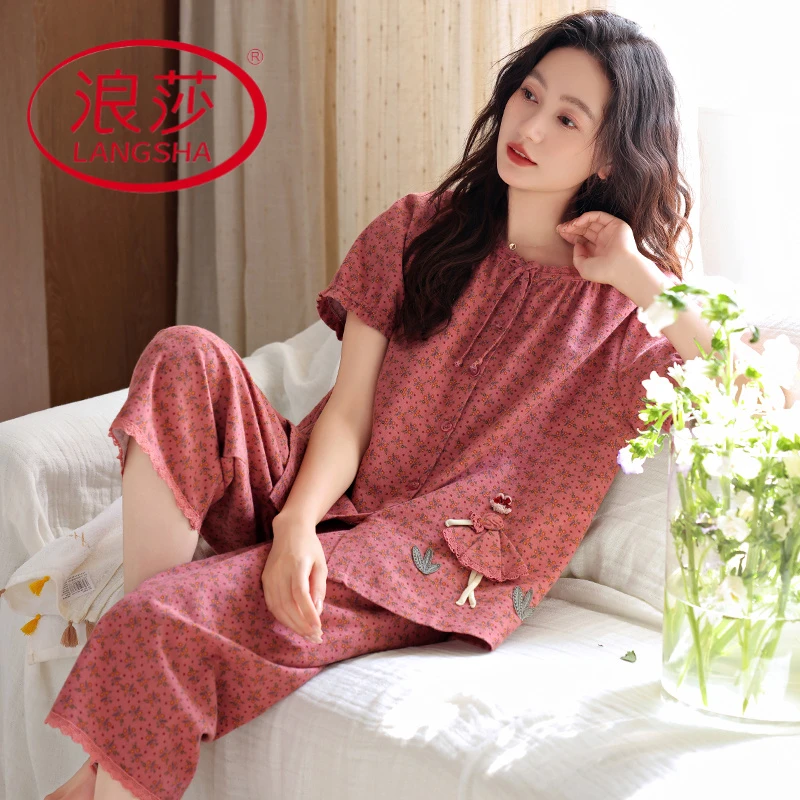 LangSha/浪莎甜美短袖七分裤2025新款睡衣女夏季纯棉家居服可外穿