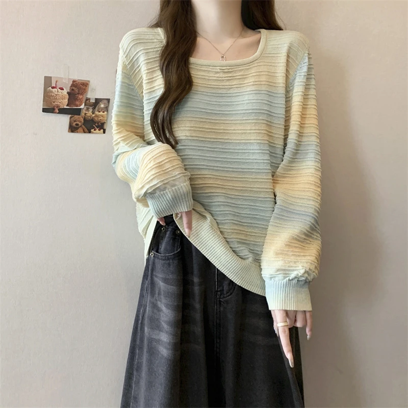 秋冬大码遮肚子条纹针织衫女微胖mm显瘦高级感百搭正肩打底衫上衣