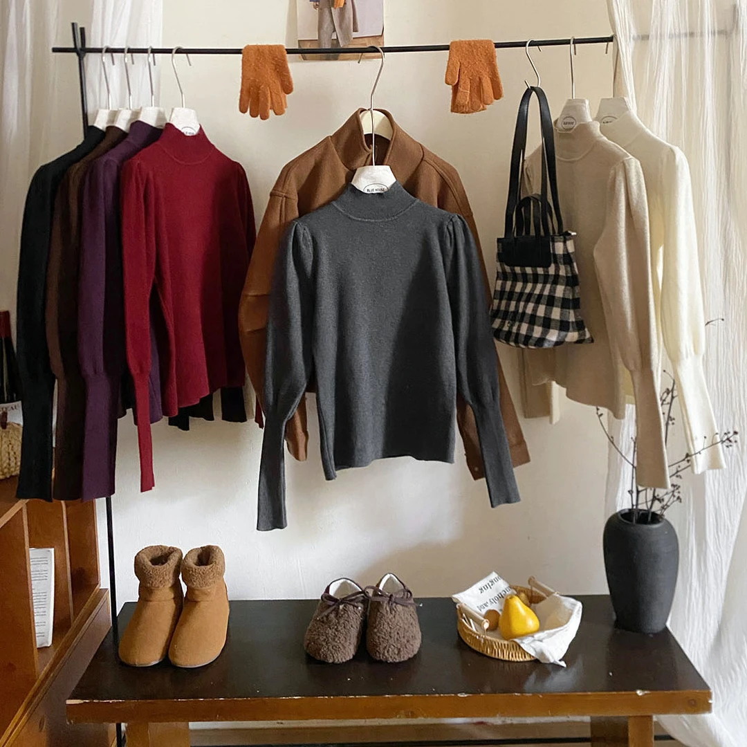 法式气质半高领泡泡袖针织衫女冬季复古百搭修身显瘦纯色打底上衣