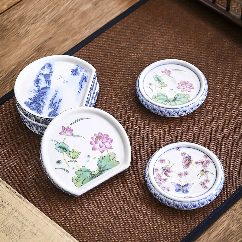 复古陶瓷盖置彩绘青花缠枝纹壶盖托紫砂茶壶盖托杯垫小壶承杯垫托