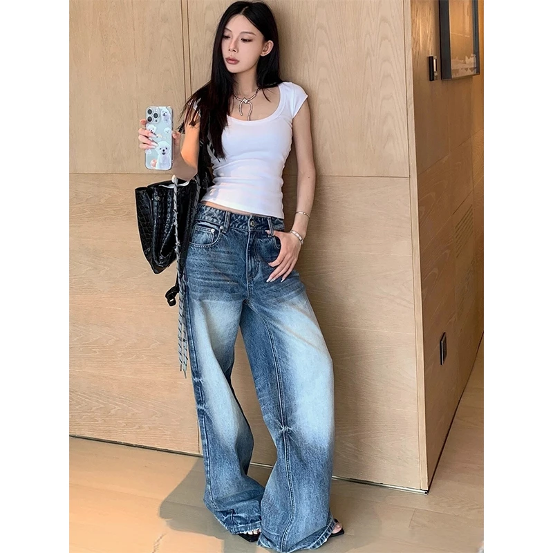 美式高街重工低腰宽松牛仔裤女2025秋季新款水洗蓝色阔腿休闲裤子