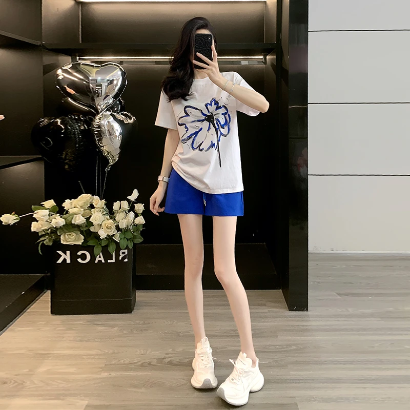 夏季新款时尚休闲运动白色t恤蓝色短裤套装女宽松大板减龄显瘦潮