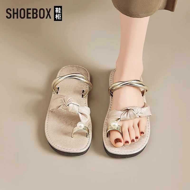 SHOEBOX鞋柜新中式仙女风珍珠套趾凉拖鞋女夏外穿2025国风沙滩拖