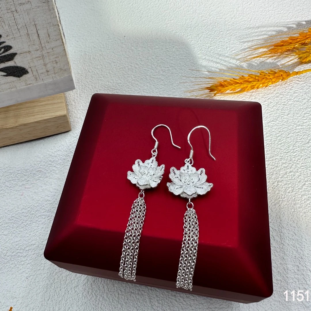 足银耳饰 苗乐足银莲花花丝耳环中式搭配简约款