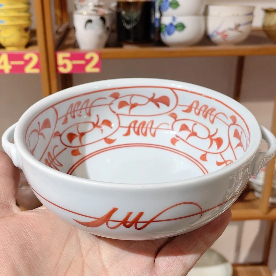 岩又工门底款内外满赤绘双耳大钵，有一点点小脱釉