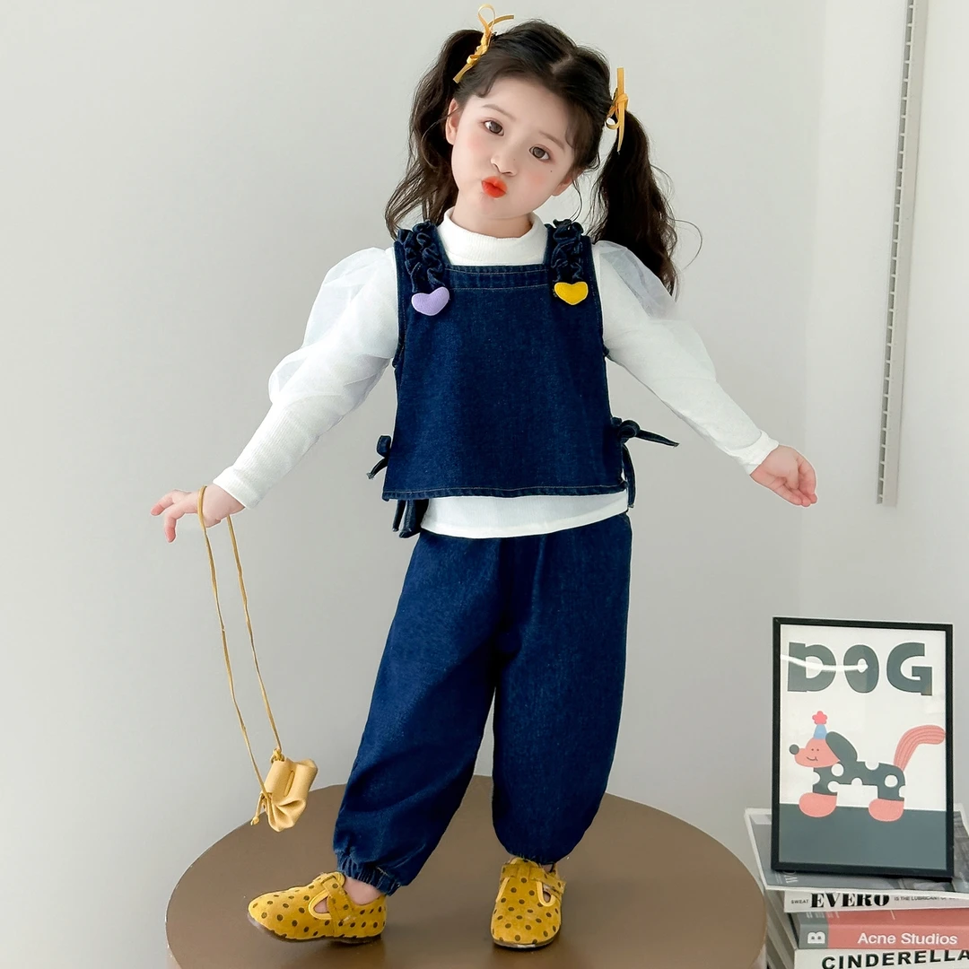 女童牛仔套装春秋款2025新款儿童时髦马甲秋装宝宝早秋女孩三件套