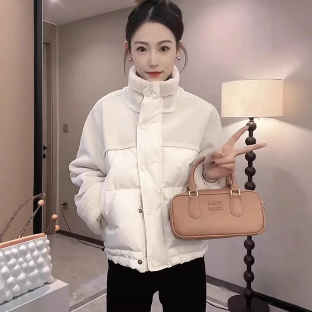 短款拼接羽绒棉服女2024秋冬季新品宽松小个子加厚保暖羊羔毛外套