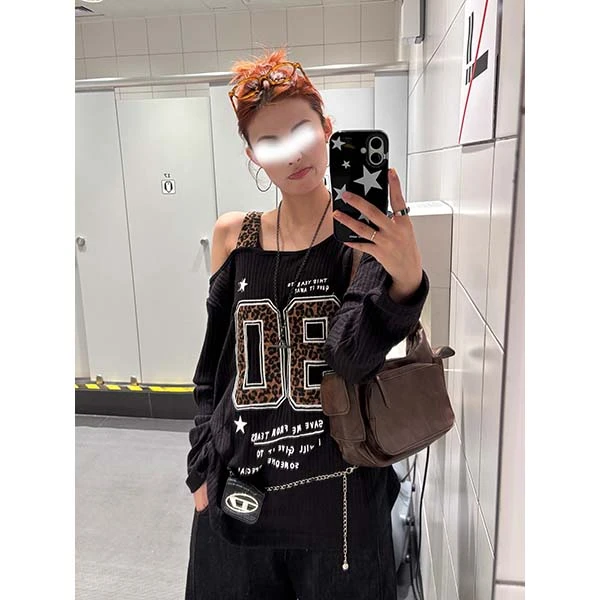 MISU/糜素美式辣妹肌理感斜肩吊带长袖T恤女早秋显瘦露肩上衣潮流