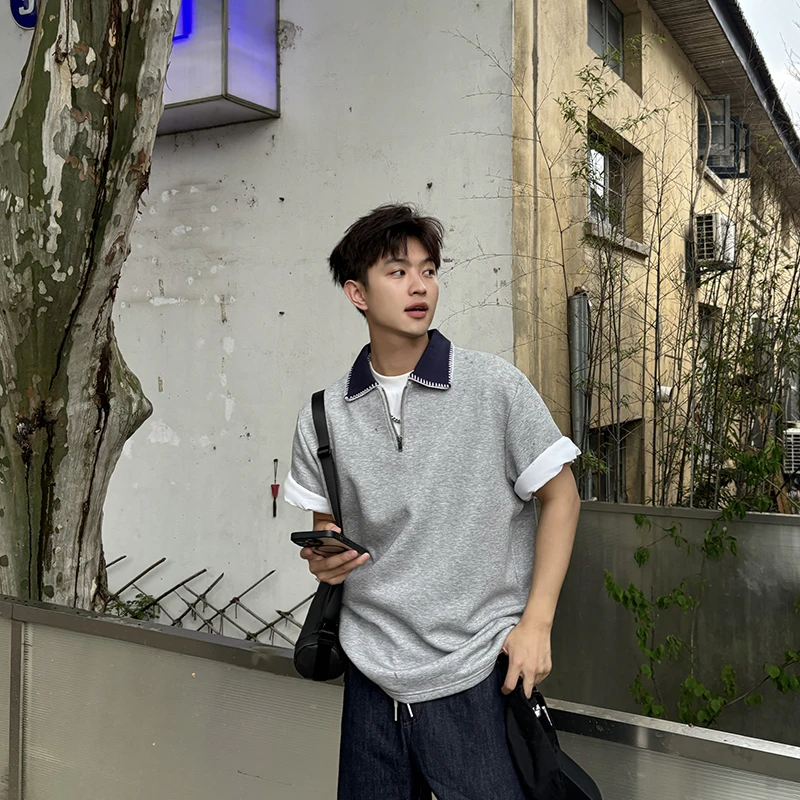 PPFStudio灰色短袖T恤男夏季宽松休闲假两件纯色潮流polo衫男上衣