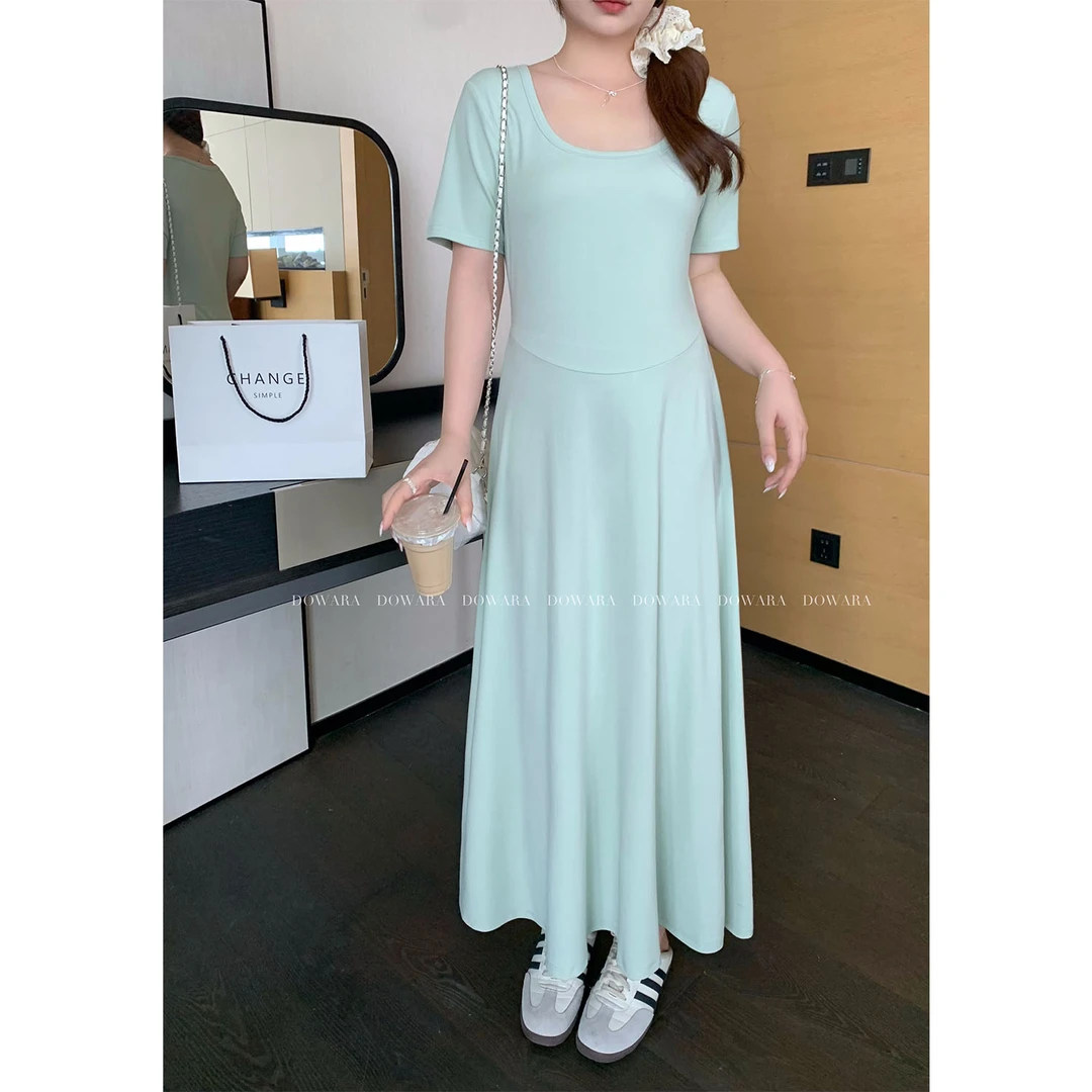 现货9354X千千酱20w粉限定款【浅浅青茉】方领连衣裙夏胖mm显瘦长裙