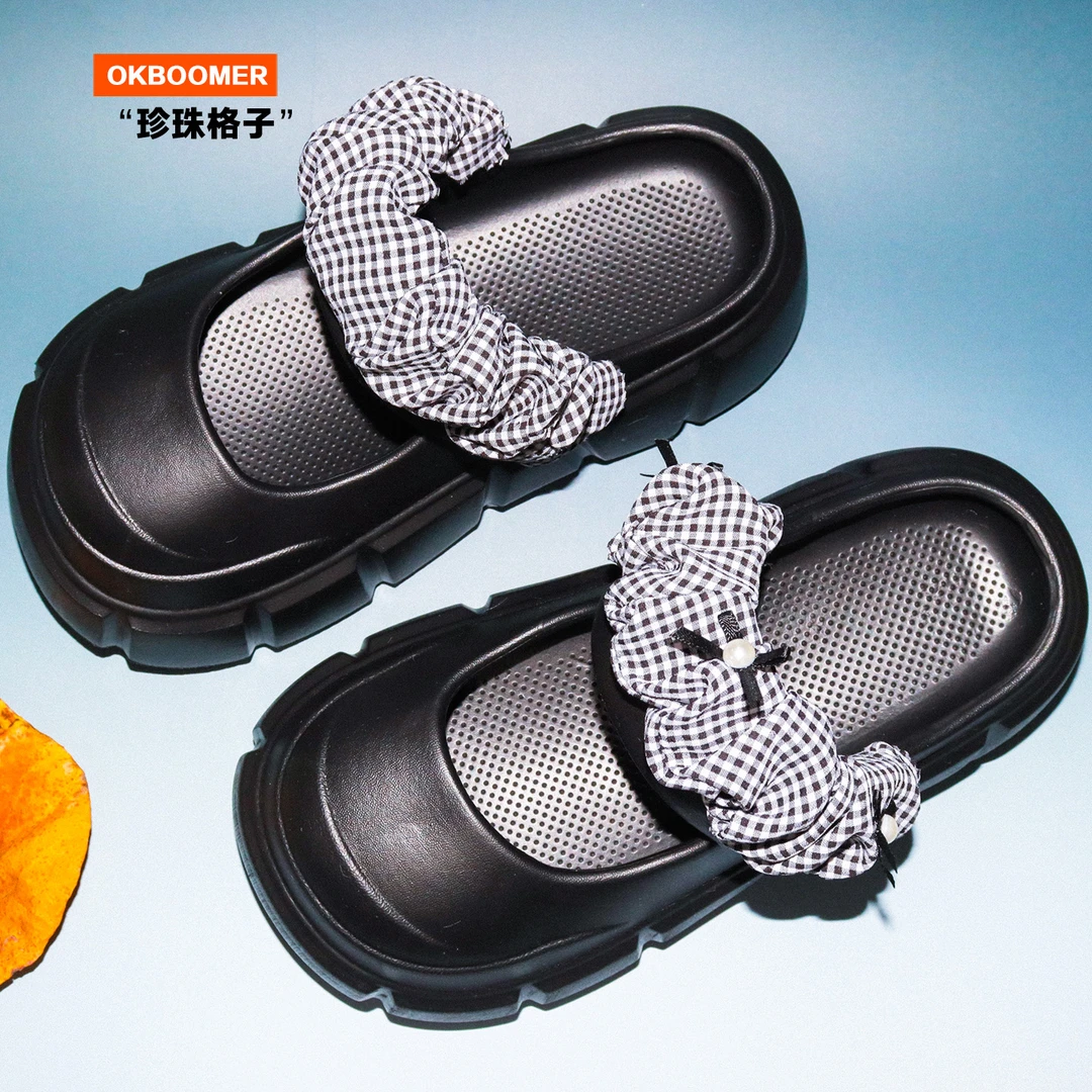 OKBOOMER珍珠格子包头拖鞋2025夏季新款外穿女小众百搭玛丽珍凉鞋