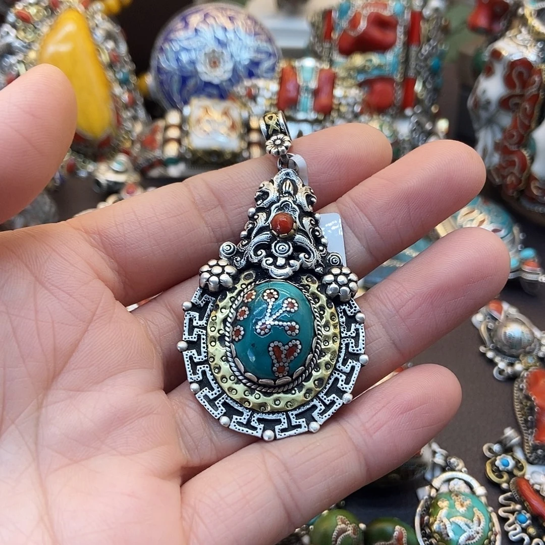 绿松石银S925镶嵌颈饰坤尼泊尔手工制作