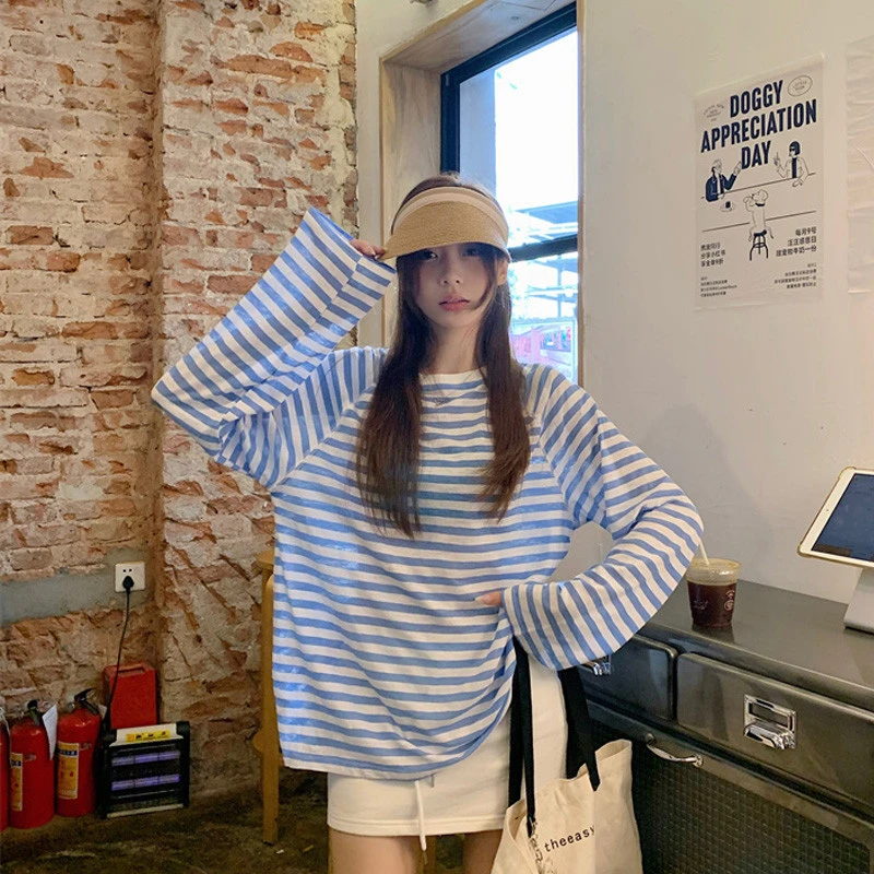 夏季新款休闲撞色条纹恤女长袖宽松百搭薄款防晒衣空调罩衫上衣