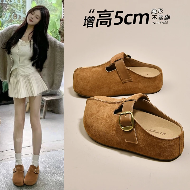 厚底内增高丑萌勃肯鞋包头半拖鞋外穿2025新款秋季一脚蹬博肯拖鞋