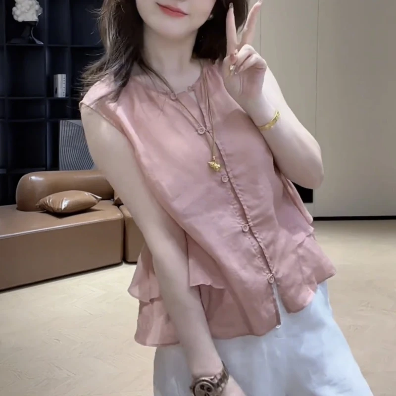 法式绝美荷叶边无袖衬衫女2025夏季新款轻奢高级感地别致漂亮小衫