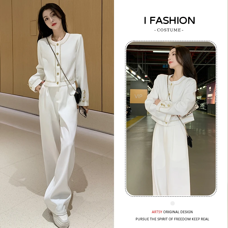 高含棉港风时尚气质套装女2026年春秋新款单排扣上衣阔腿裤两件套