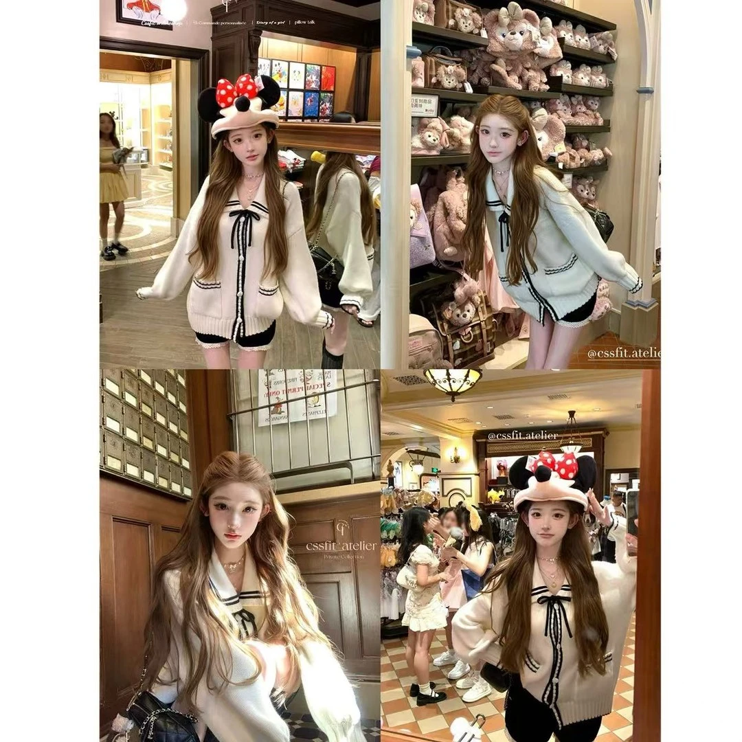 【ZR001】温柔风海军领针织开衫女时尚洋气慵懒风设计感上衣2025秋