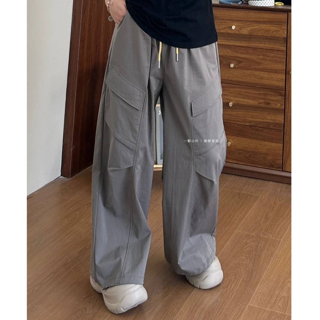 【一颗小叶】秋季大码设计款松紧腰工装弯刀阔腿裤大版
