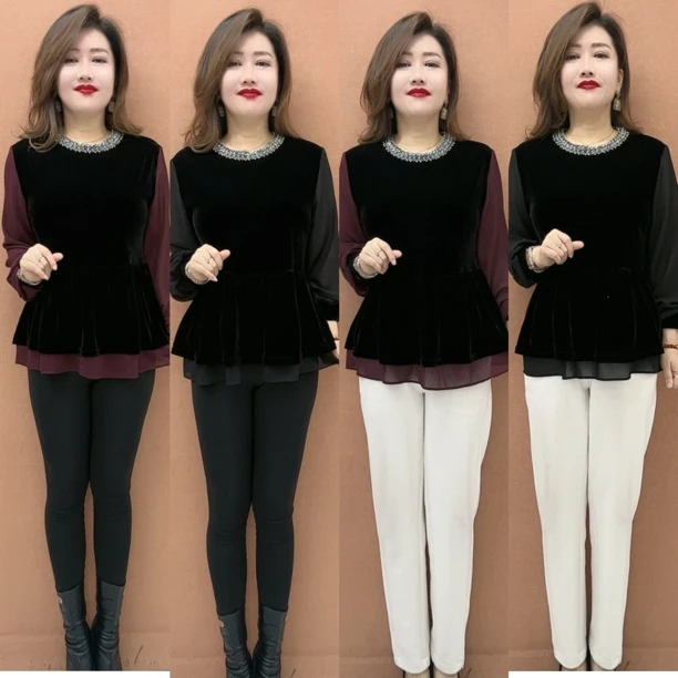 DF新款时尚法式重工丝绒长袖宽松气质秋冬打底衫