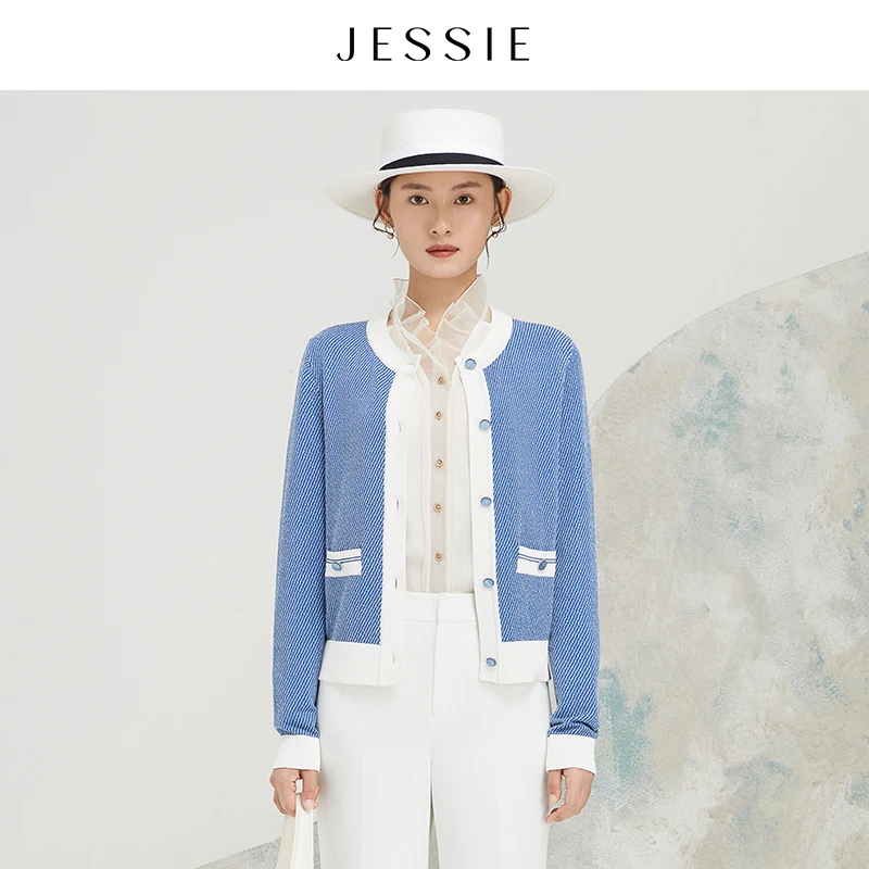 【粉丝专属】【商场同款】JESSIE撞色襟圆领条纹感毛衣秋单排扣针织开