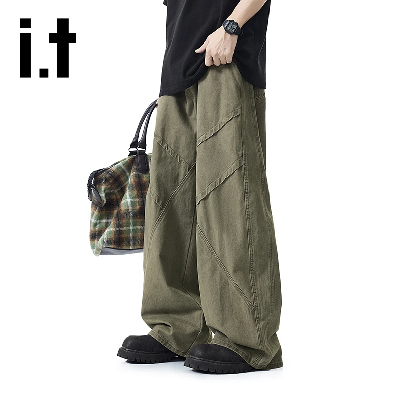 it izzue夏季美式复古工装裤男女同款潮流拼接宽松垂感阔腿休闲裤
