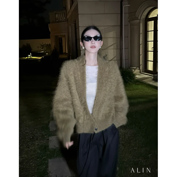 阿琳ALIN【淞音】特种动物毛慵懒风开衫女秋冬百搭拉毛毛衣AL5OZS22
