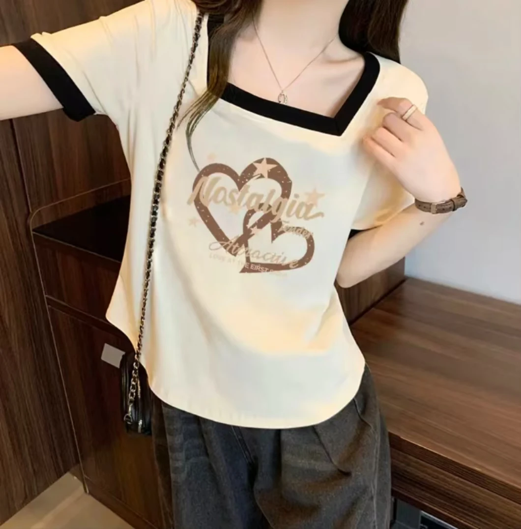 微胖加大码女装2-300斤夏季撞色方领短袖t恤女宽松遮肉显瘦上衣