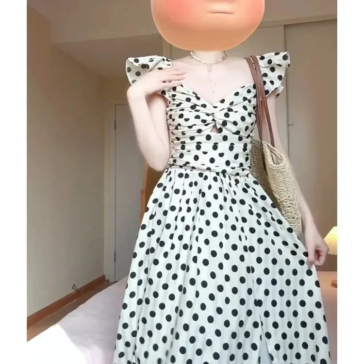 海边度假连衣裙女夏法式温柔风波点荷叶边收腰长裙学生党约会显瘦