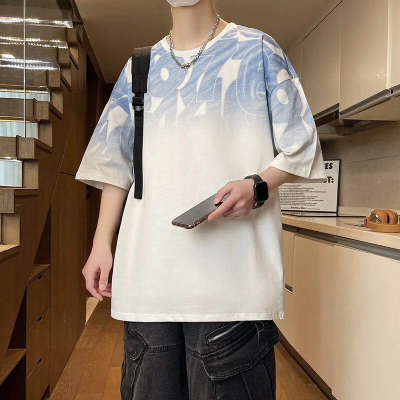 夏季新款青少年2025时尚渐变短袖字母设计宽松韩版百搭款上衣T恤