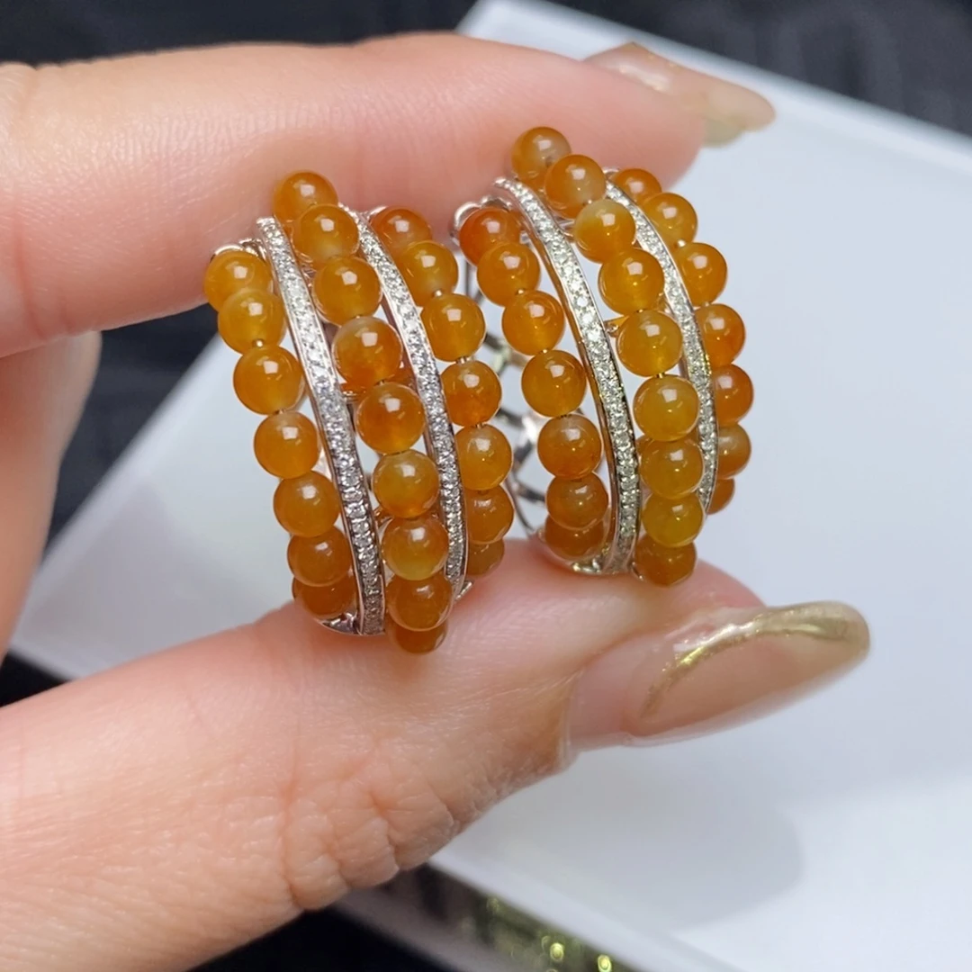 翡翠18K金镶嵌耳饰冰红翡小米珠耳扣