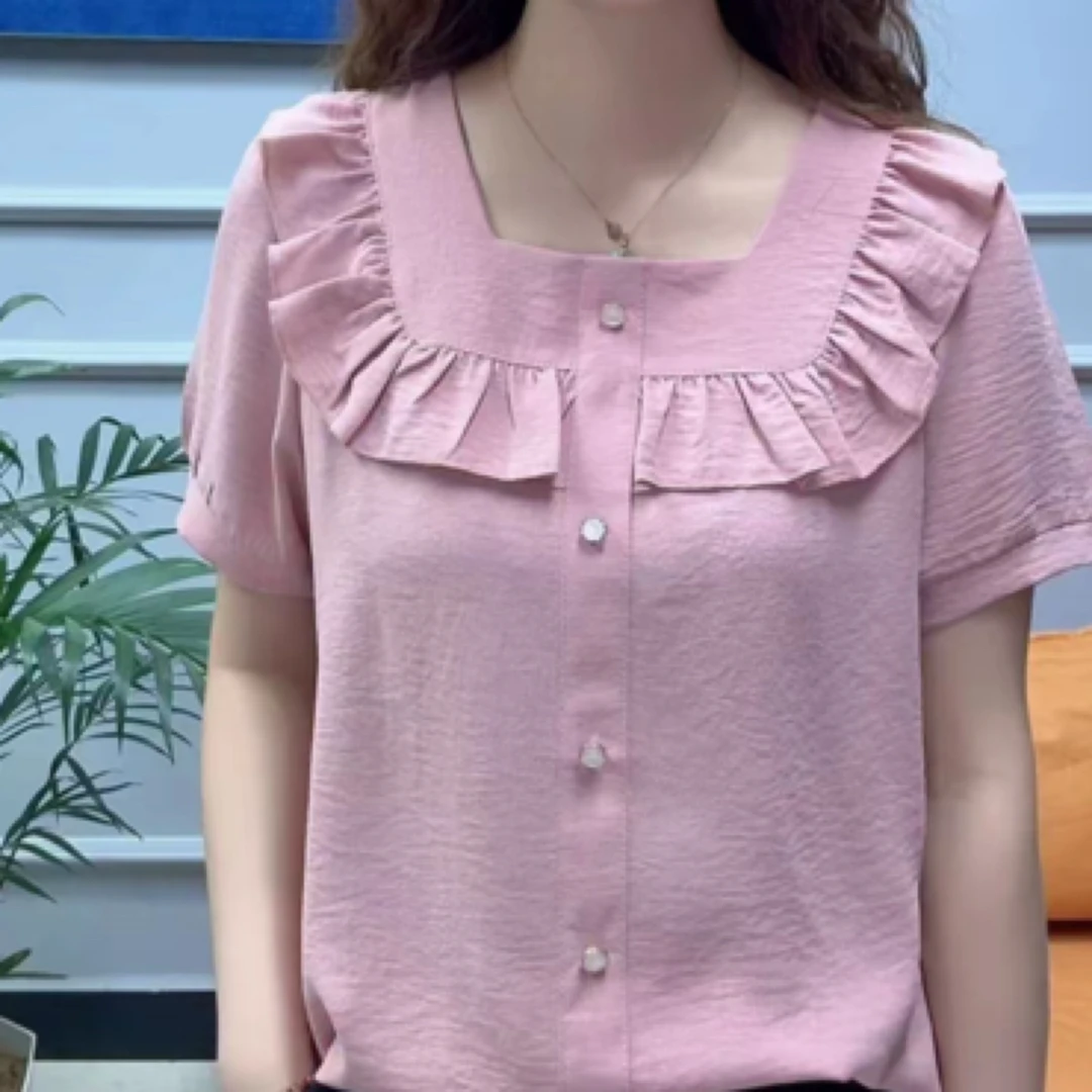775-现货运费运费补贴夏季新款短袖女法式方领花边宽松遮肚上衣
