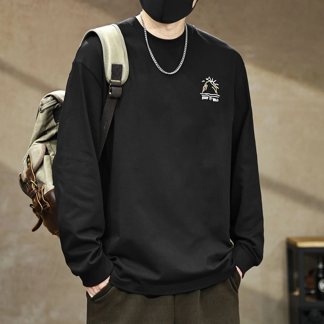 美式高端重磅印花长袖T恤男春秋新款宽松复古百搭纯棉体恤衫上衣T