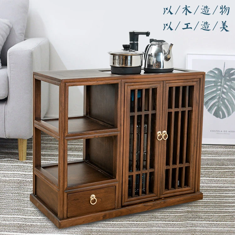 茶桌中式实木榆木茶水柜多层可移动新中式客厅家用一体烧水储物柜
