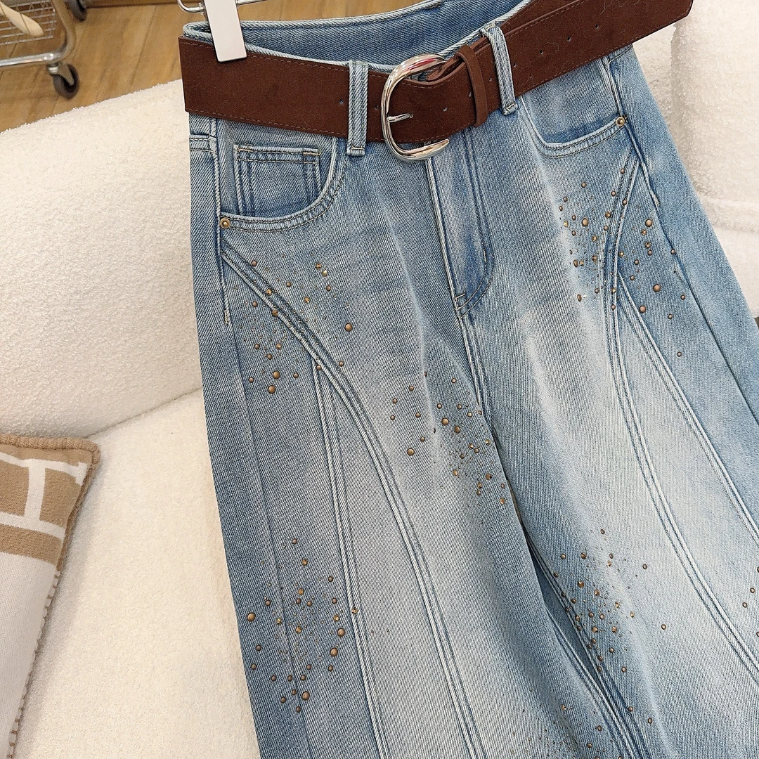 丨秋冬新款蓝色设计感时尚高腰气质显瘦弯刀牛仔裤 5340