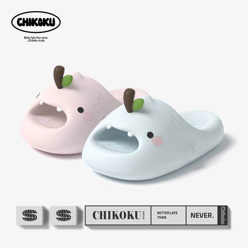 chikoku苹果鲨拉情侣拖鞋女夏厚底家居室内静音洗澡鲨鱼凉拖鞋男