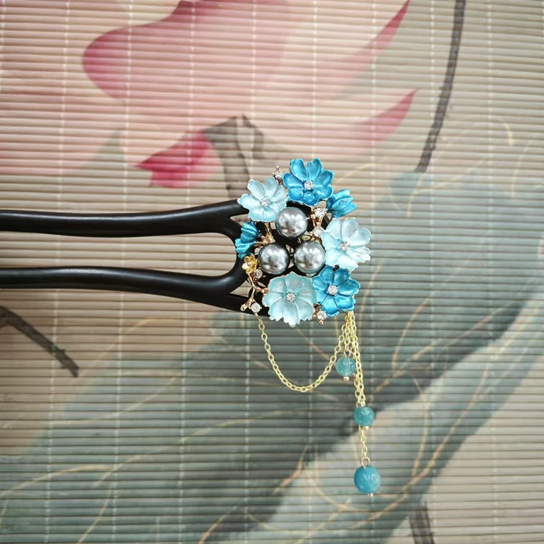 J359兰色大花发簪气质手工发饰双钗发簪