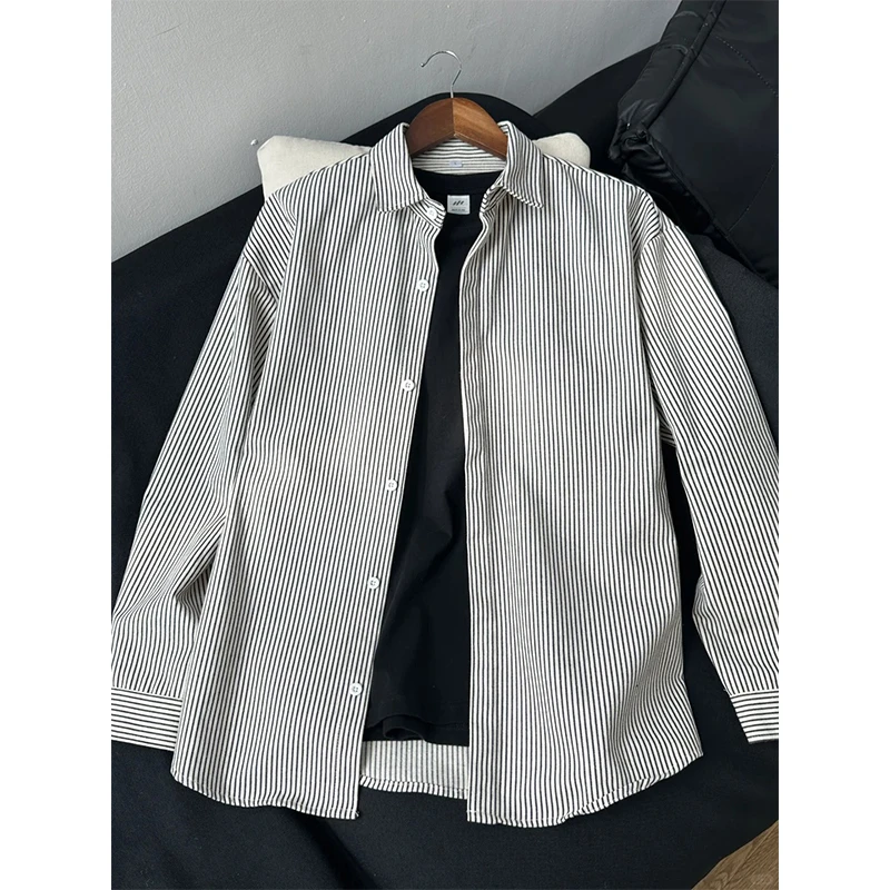 条纹设计长袖衬衫男款春秋季美式高街cleanfit休闲百搭痞帅衬衣潮