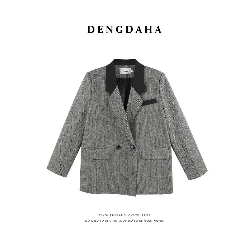 DENGDAHA「知性场域」复古风撞色领时尚高端羊毛短外套HBZXP710068