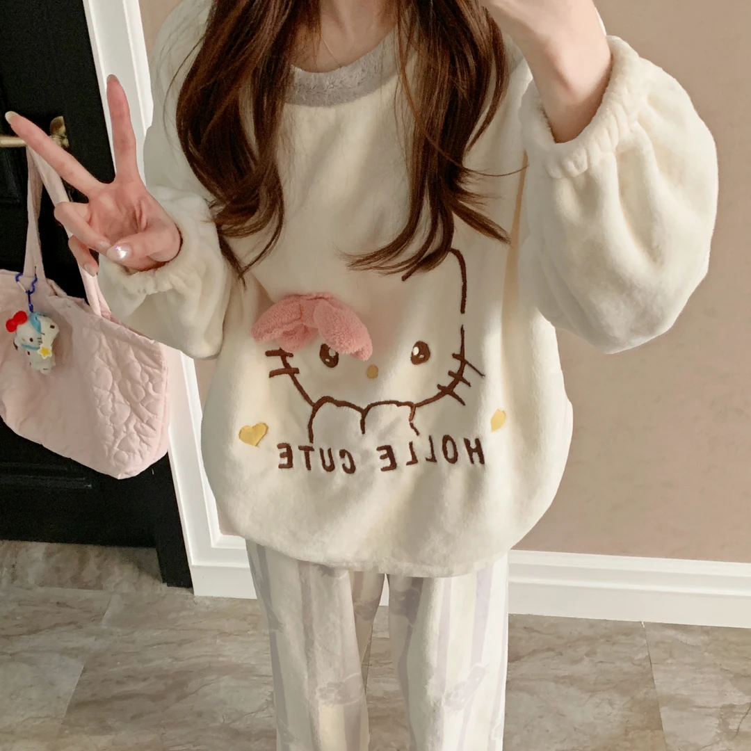 睡衣女冬季加绒加厚法兰绒可爱灰色猫咪保暖珊瑚绒韩系家居服套装