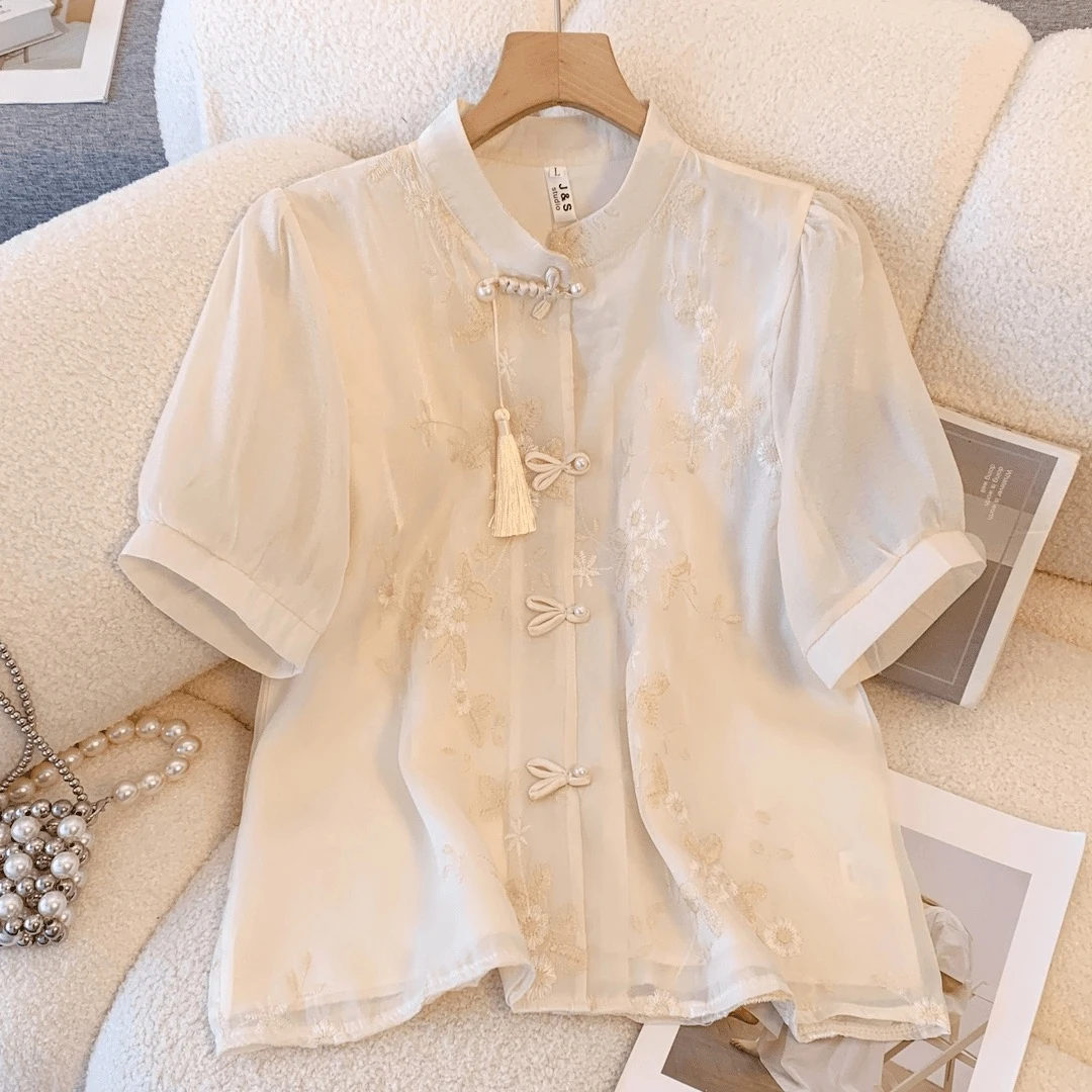【228】中国风刺绣拼接衬衫春季新中式复古盘扣立领气质马面裙上衣