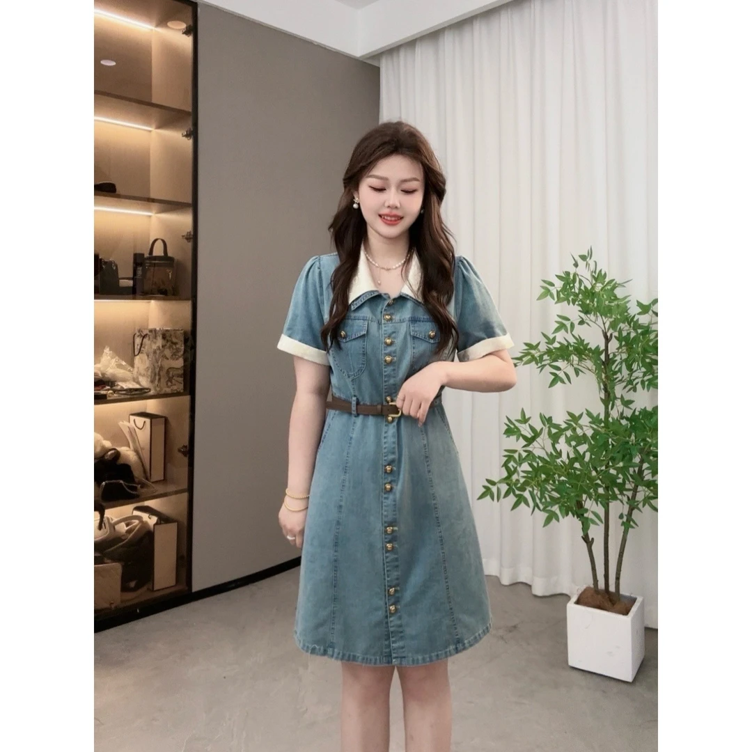 楠序源子微胖女装外出洋气裙子夏季显瘦双层领牛仔连衣裙女DD8109