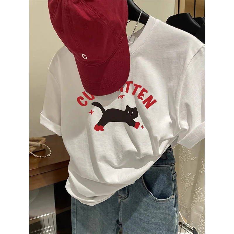 100%纯棉美式潮牌白色可爱猫咪印花正肩短袖t恤女夏季宽松韩版T恤