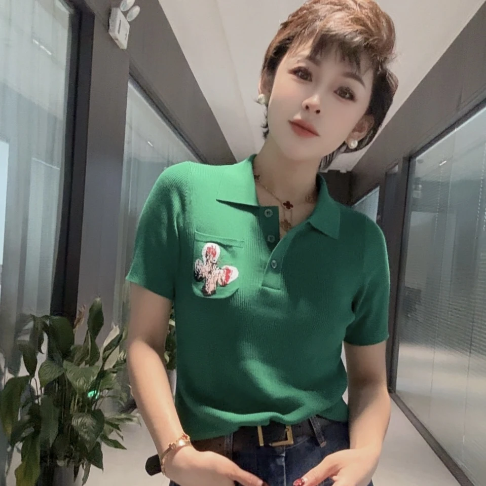 【云翎织熠】减龄翻领百搭短袖女夏季T恤上衣MG8193