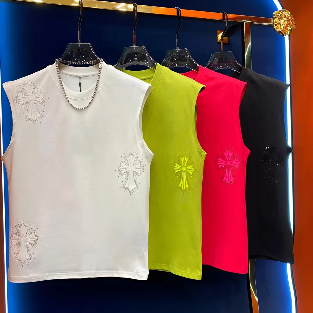 夏季新款多巴胺重工艺烫钻轻奢百搭坎袖男士时尚无袖背心潮流T恤