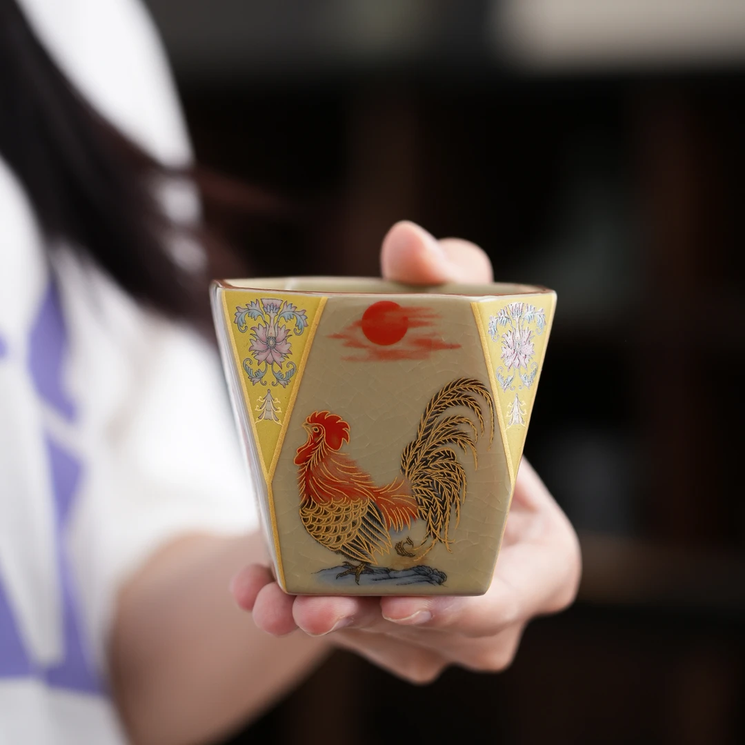 汝窑中式复古缠枝莲吉祥八方杯家用主人杯品茗杯功夫茶具茶道配件