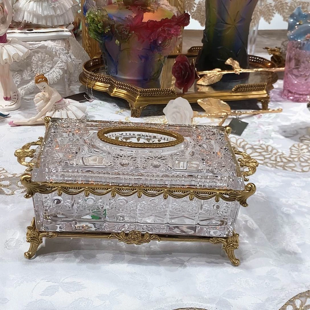 摆件D4315捷克水晶陪铜纸巾盒