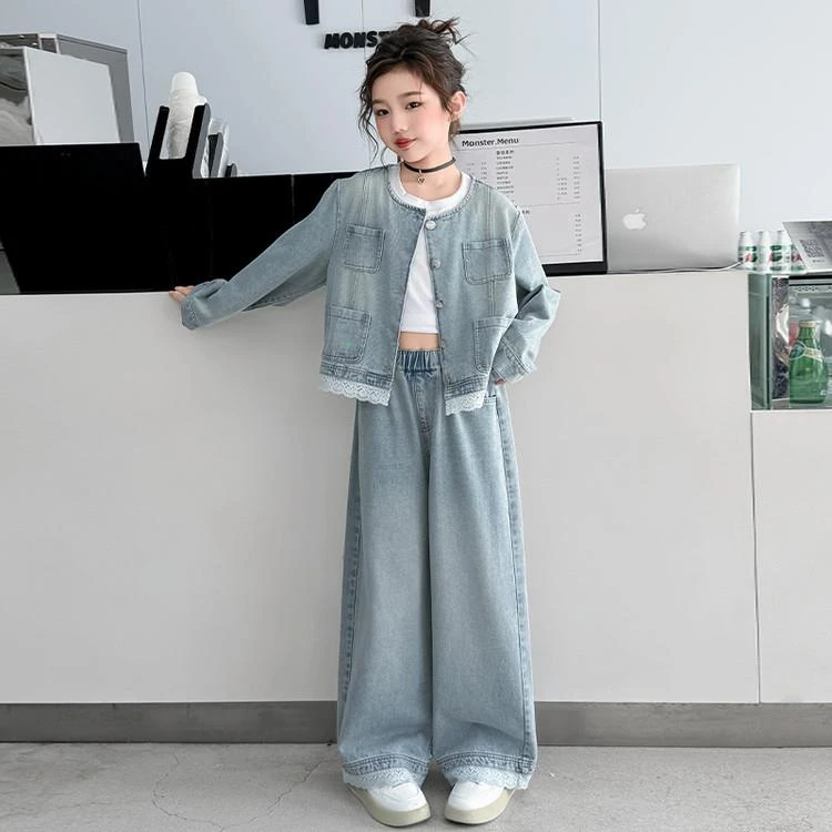 女童套装2025新款儿童洋气韩版牛仔上衣女孩春秋阔腿裤女大童春装