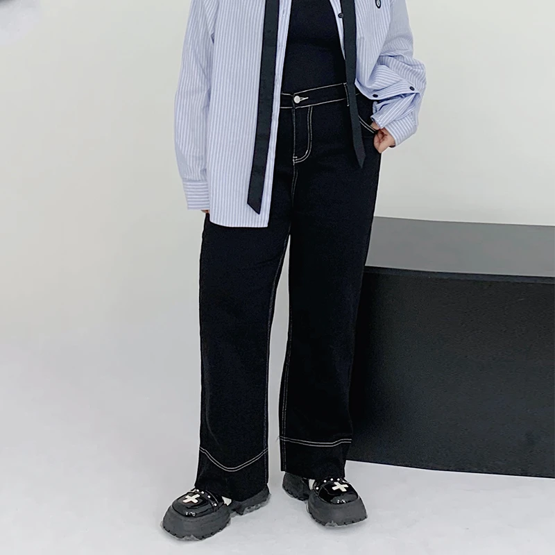 Milu家大码女装春季高腰百搭黑色直筒烟管牛仔裤胖mm梨形身材显瘦